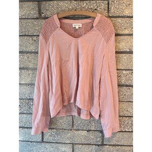 Cloth & Stone Pink Smocked V-Neck Long Sleeve Blouse Size M